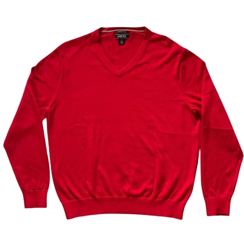 Lands’ End Men’s Supima Cotton V‑Neck Sweater Red Size L (42‑44) - Picture 2 of 8
